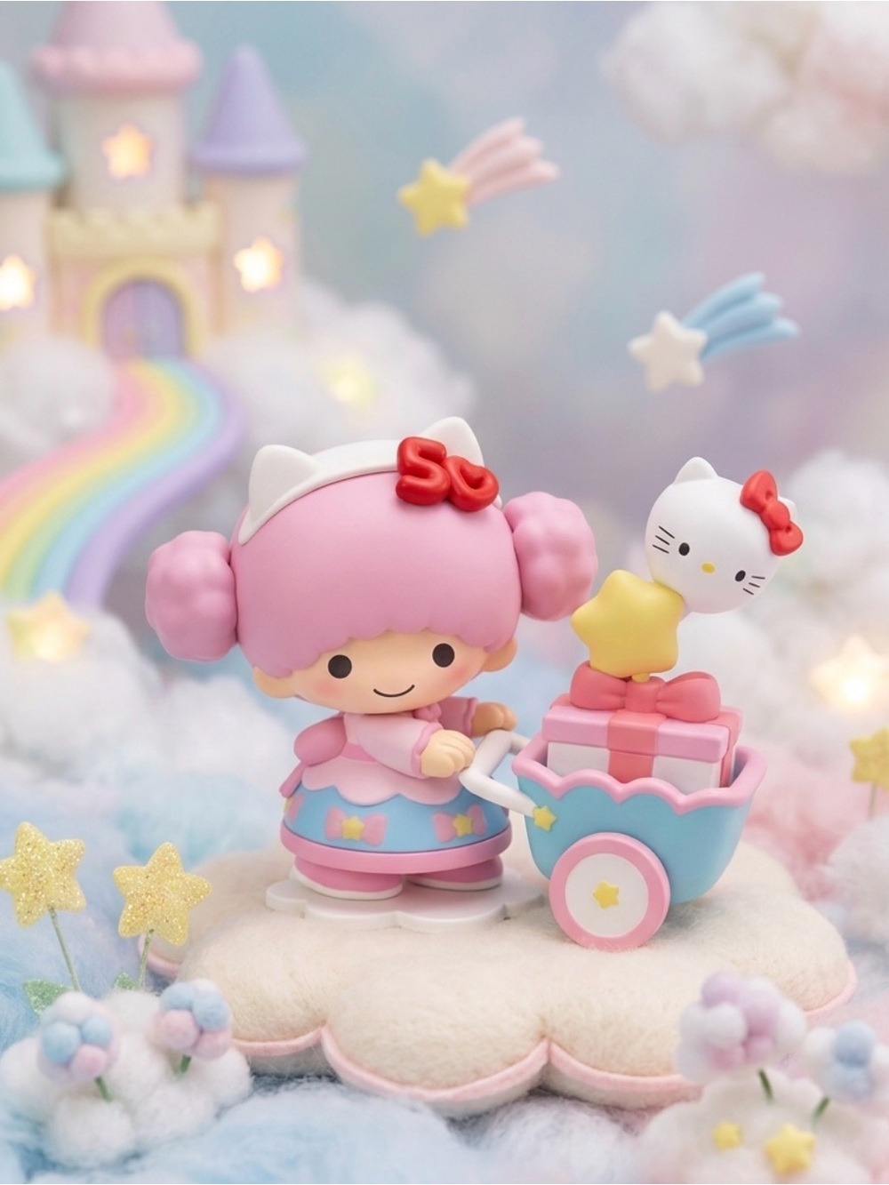 🩷 Sanrio Little Twin Stars Lala Pink Figure with Hello Kitty Cart Toy